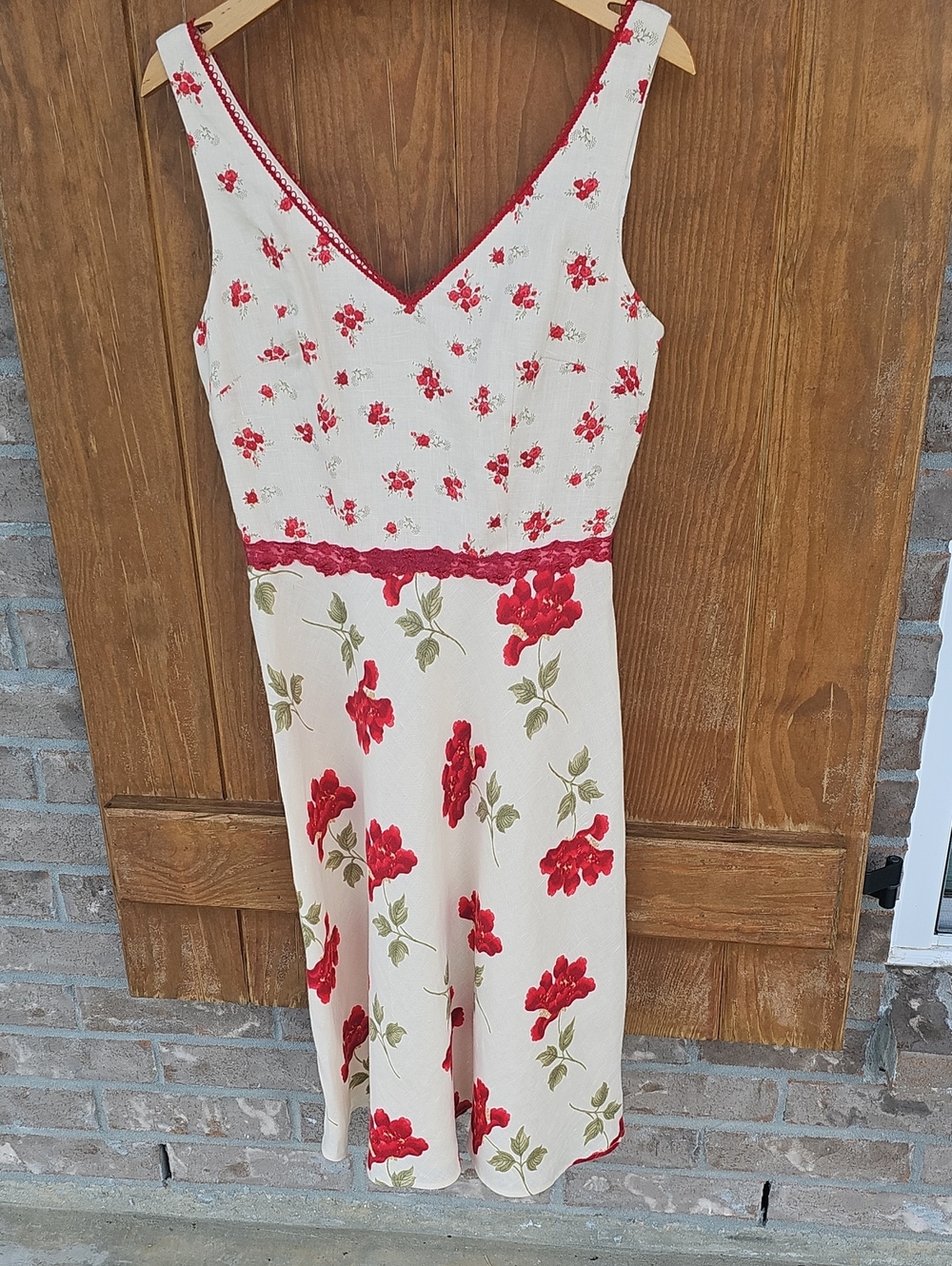 Mica Cream With Red Floral Linen Dress